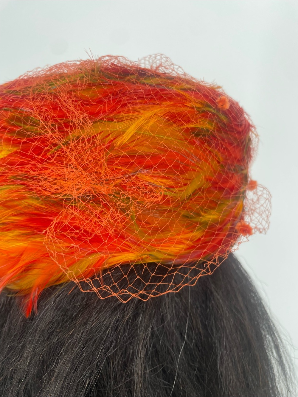 60s Mid Century Red Orange Feathered Pillbox Hat w Netting Union Made Wool Base - Picture 5 of 13